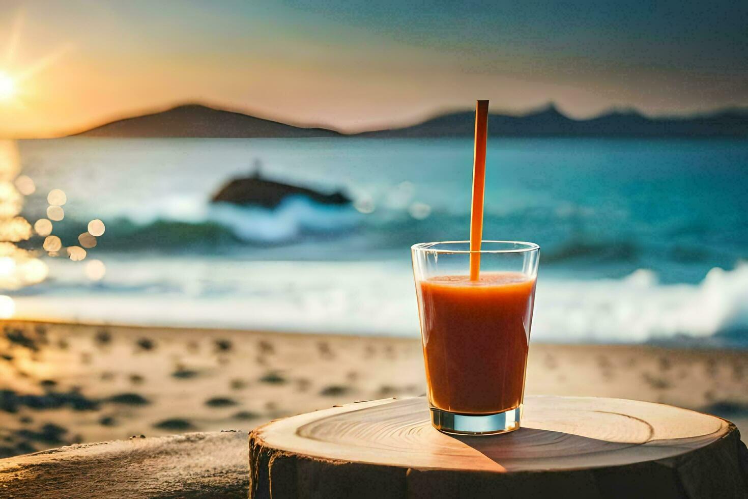 une verre de Orange jus sur une en bois souche sur le plage. généré par ai photo