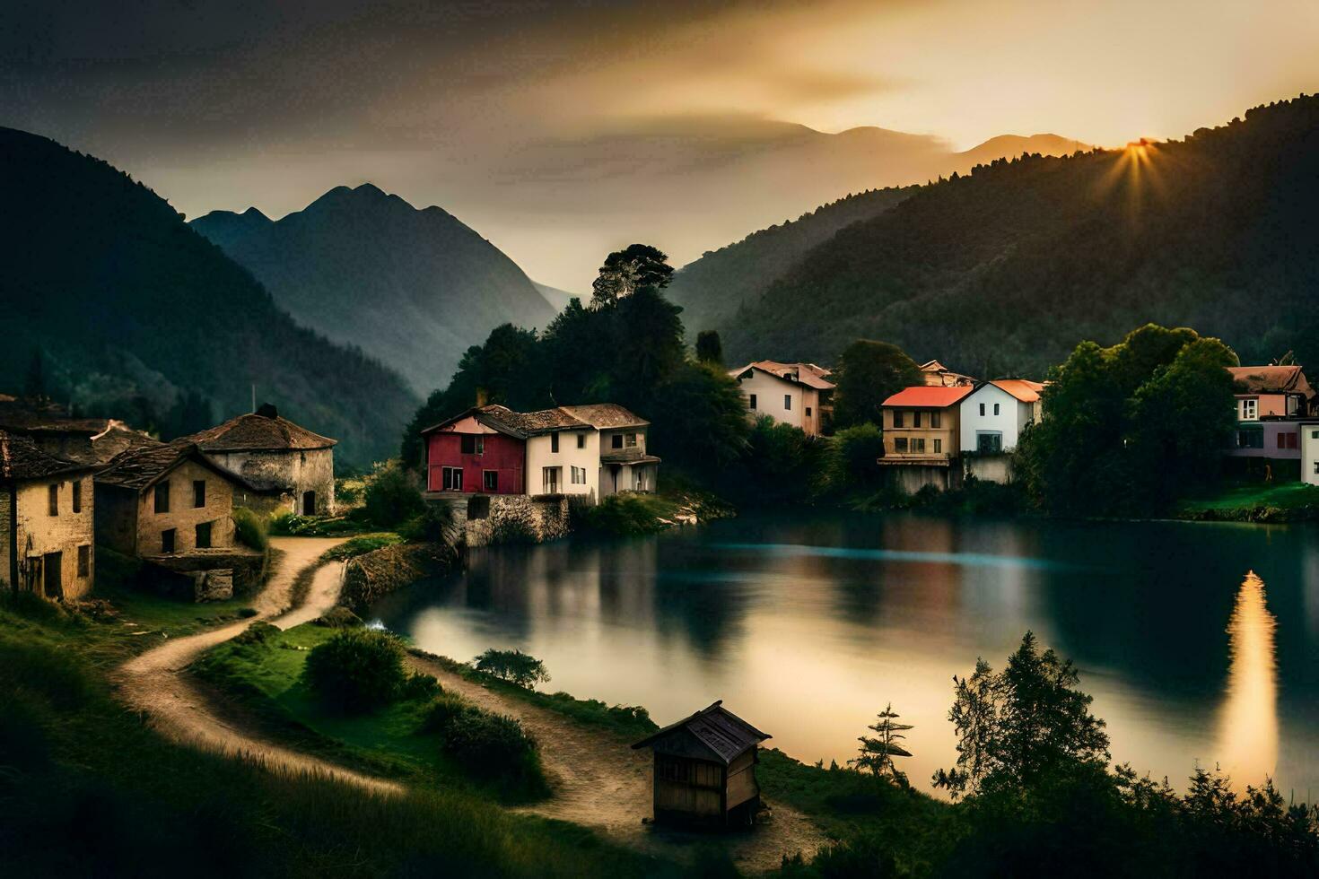 photo fond d'écran le ciel, montagnes, lac, Maisons, coucher de soleil, le soleil, le montagnes,. généré par ai