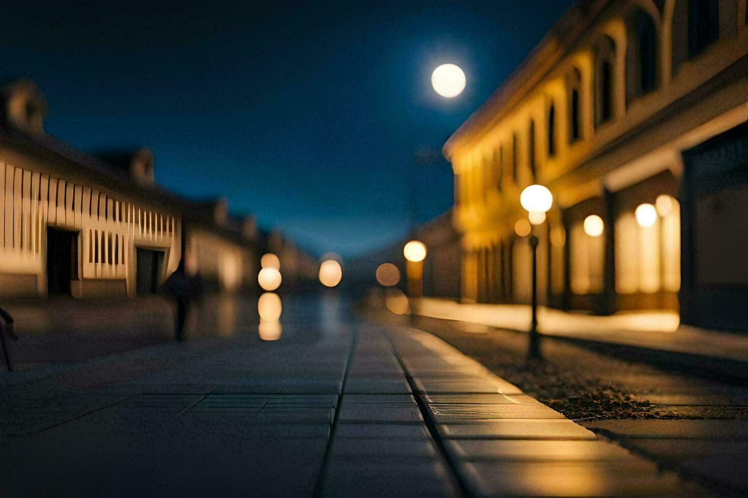 une rue à nuit avec une rue lumière et une la personne marche. généré par ai photo