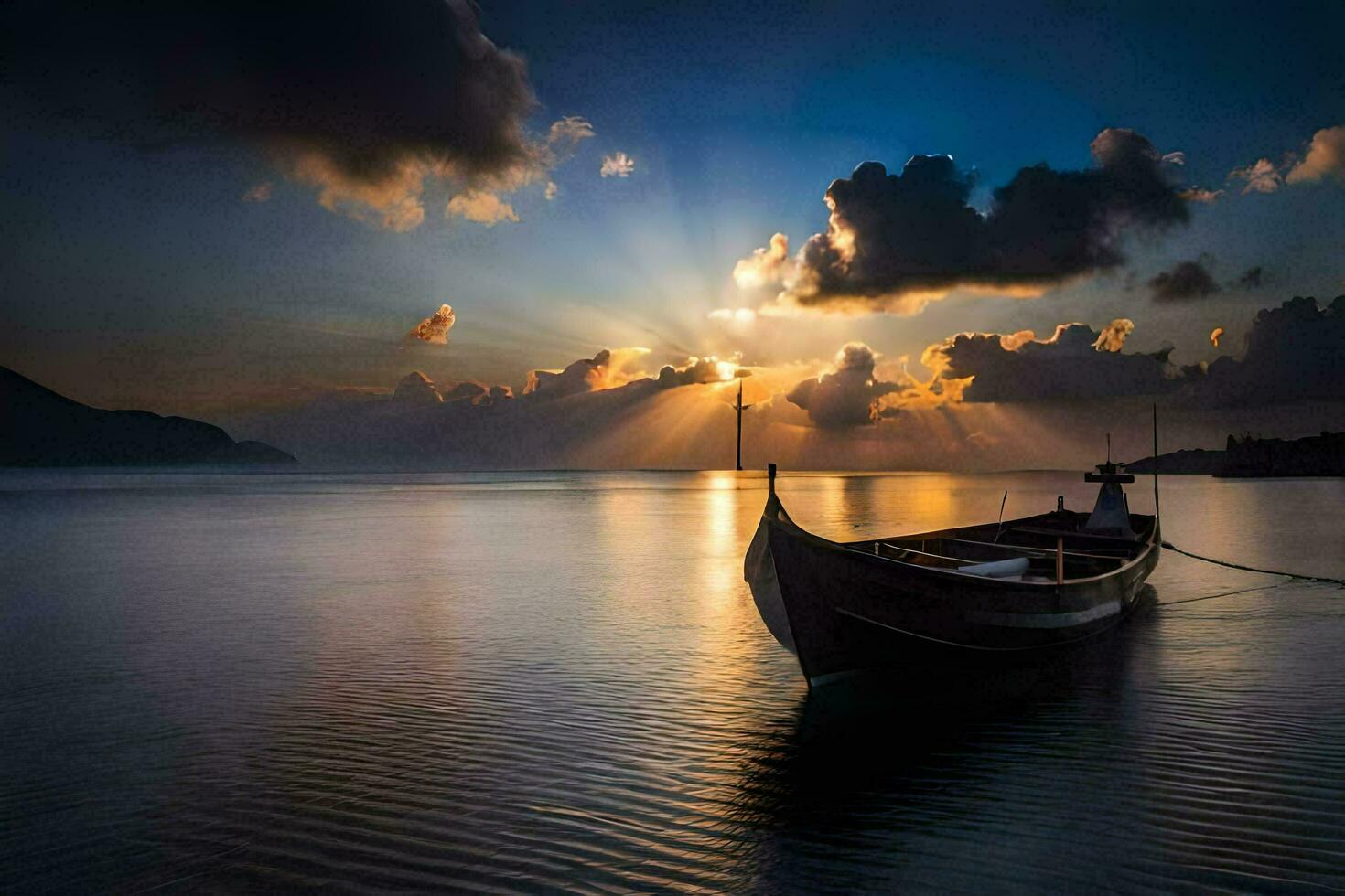 une bateau est assis sur le l'eau à le coucher du soleil. généré par ai photo