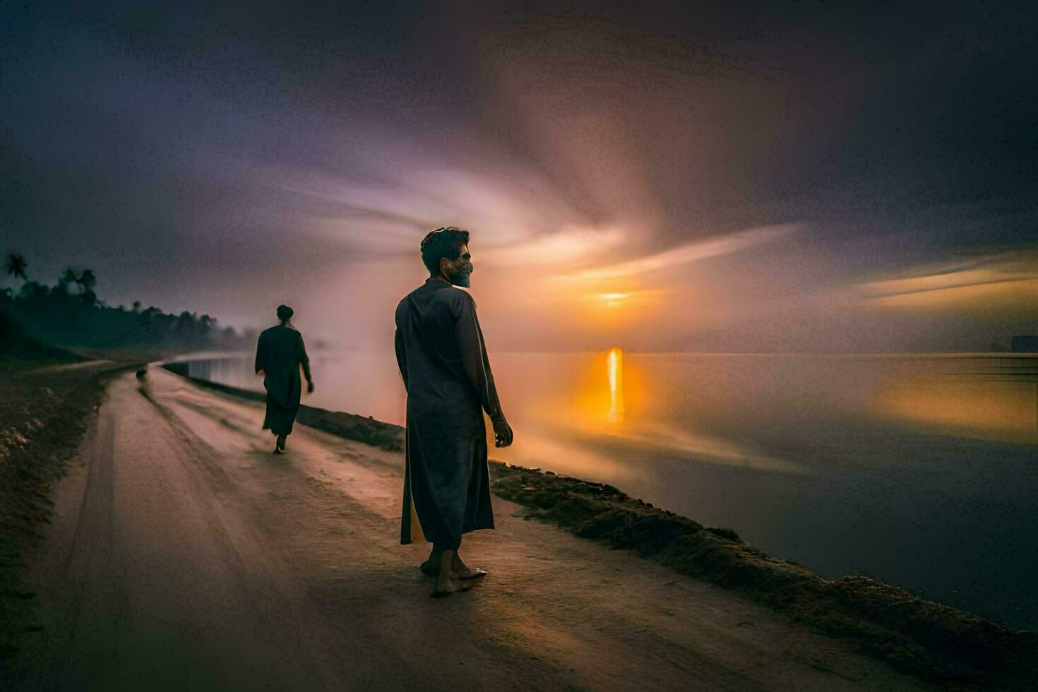 deux Hommes en marchant le long de le route à le coucher du soleil. généré par ai photo