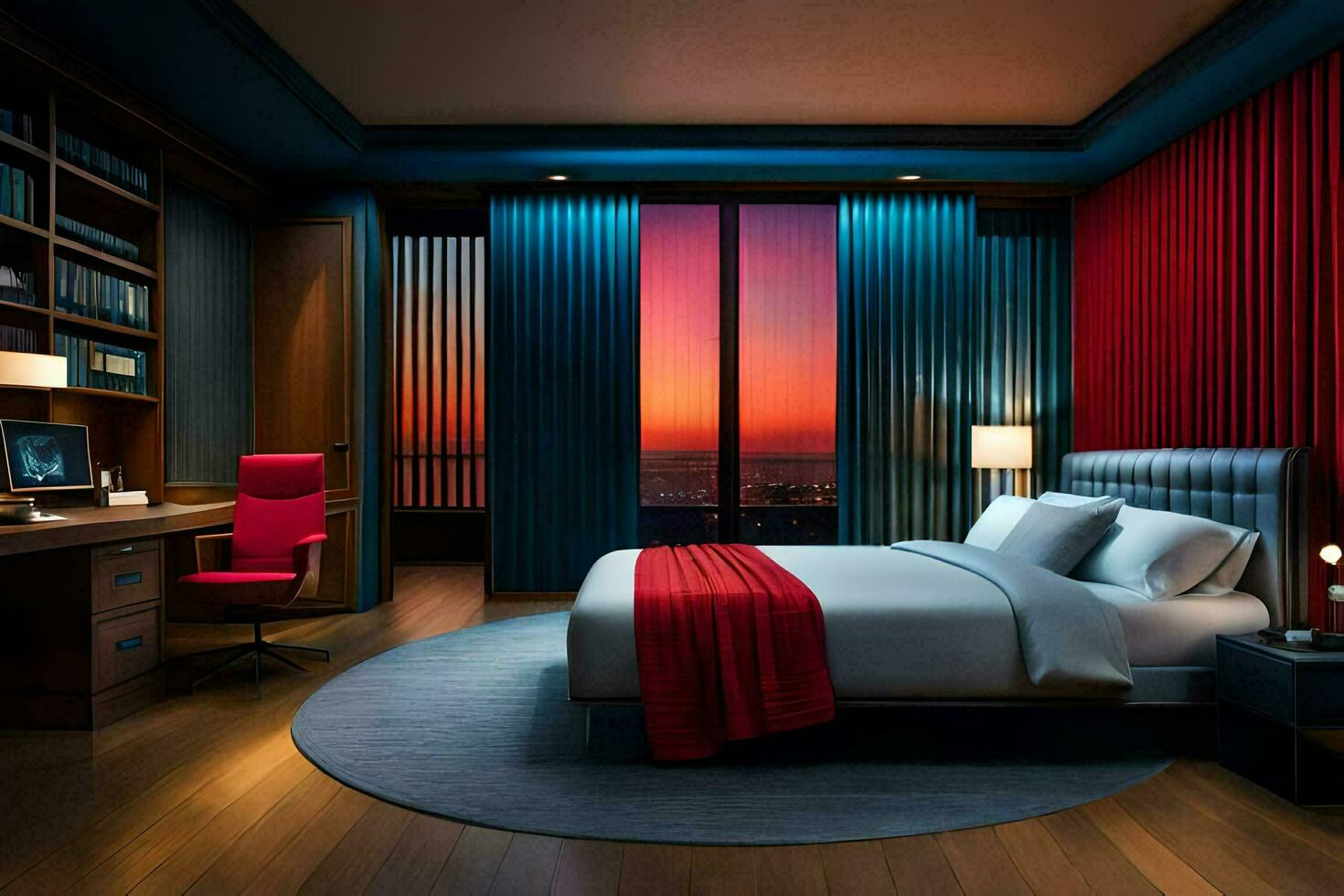 une chambre avec une rouge et bleu lit et une vue de le ville. généré par ai photo
