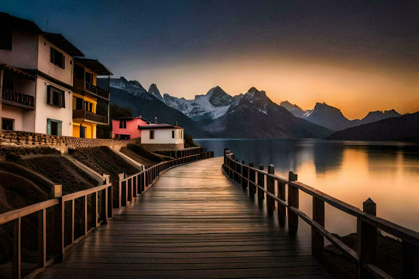 une en bois passerelle pistes à une Lac et montagnes à le coucher du soleil. généré par ai photo