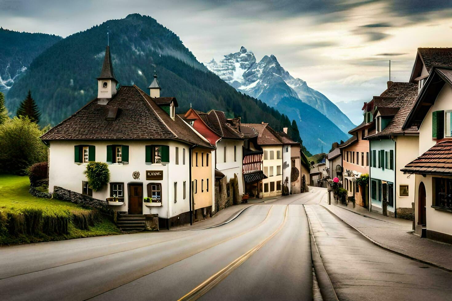 une rue dans le montagnes avec Maisons et montagnes dans le Contexte. généré par ai photo