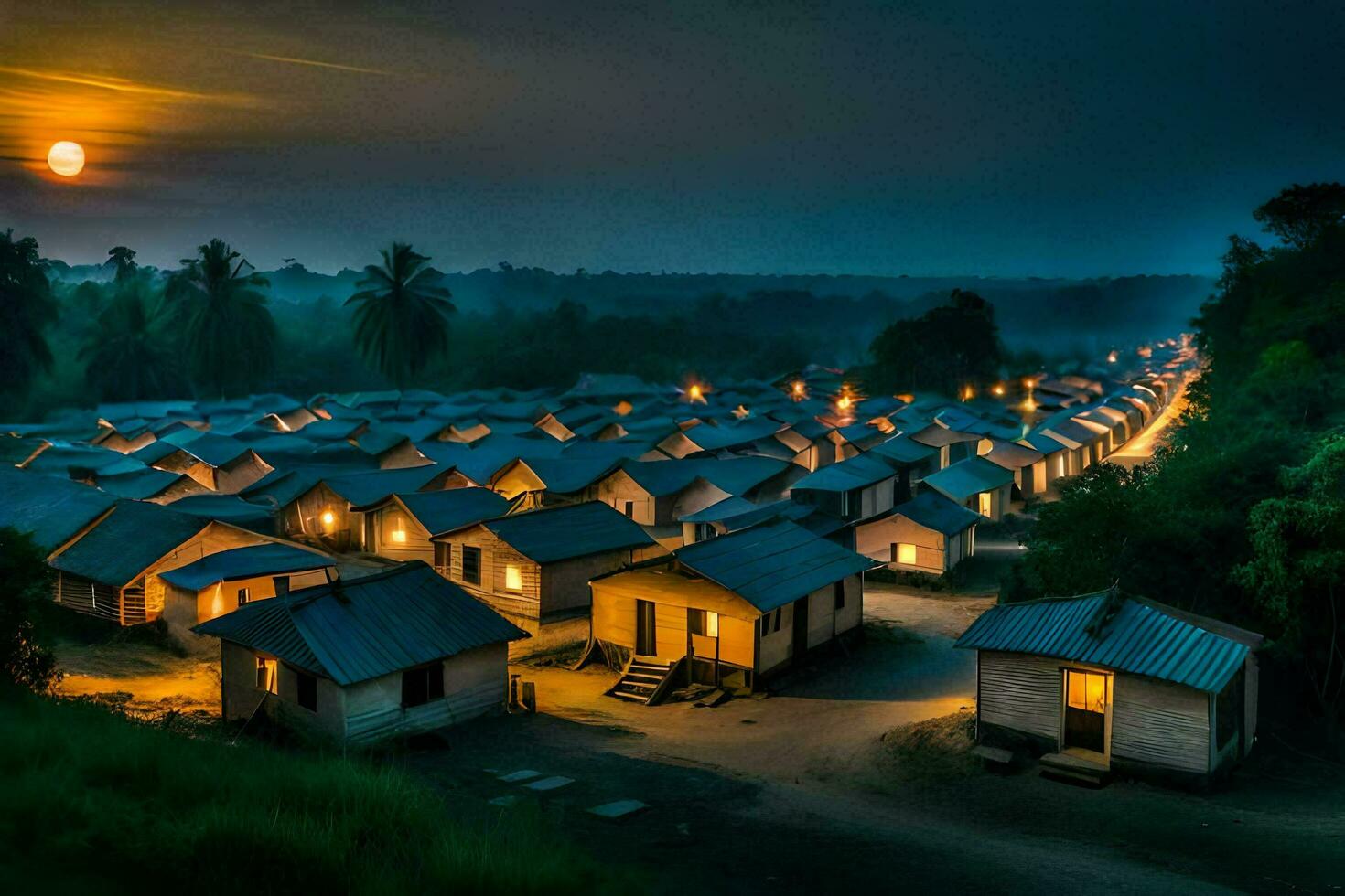 une village à nuit avec le lune brillant. généré par ai photo