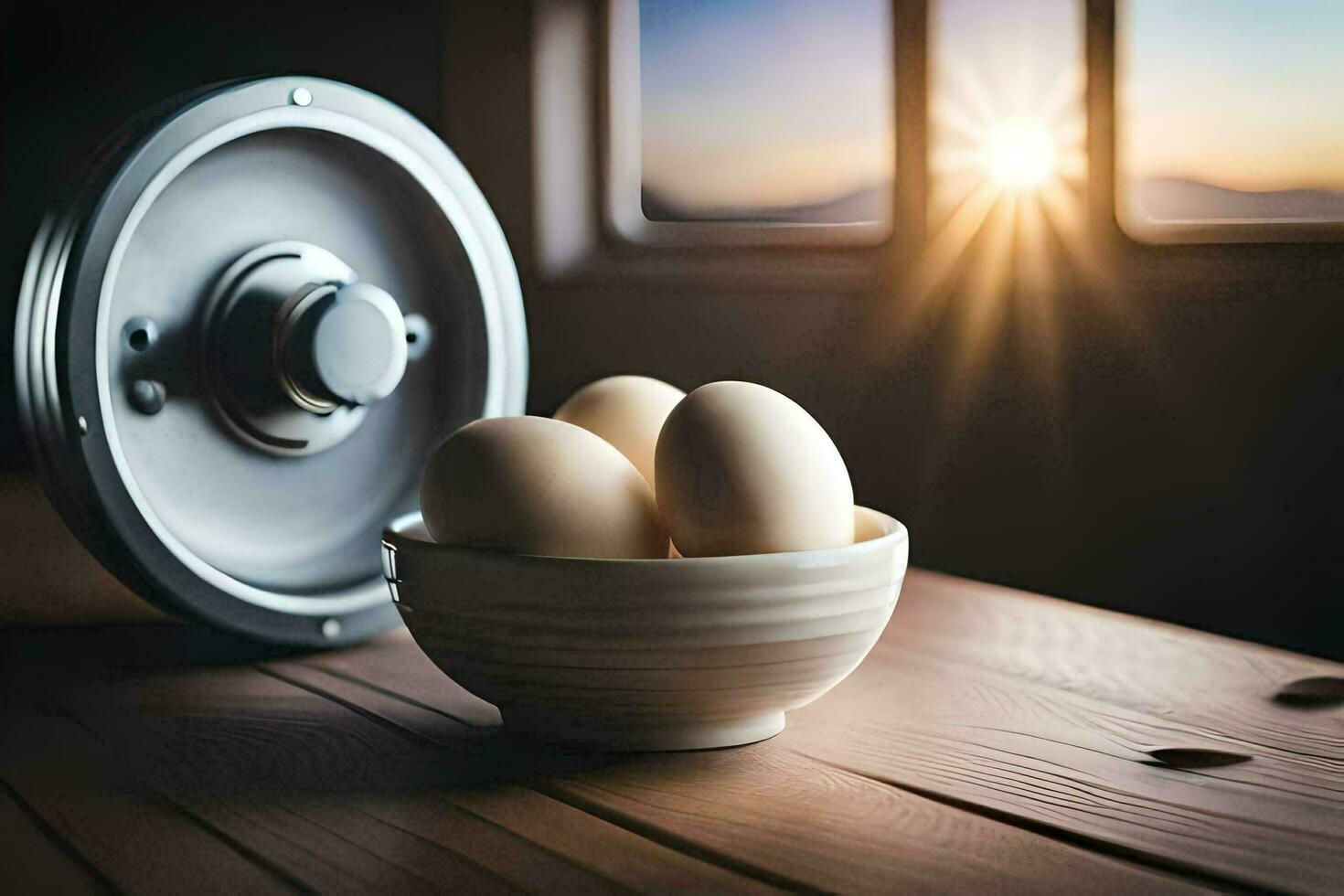 des œufs dans une bol sur une table avec une Soleil brillant derrière il. généré par ai photo