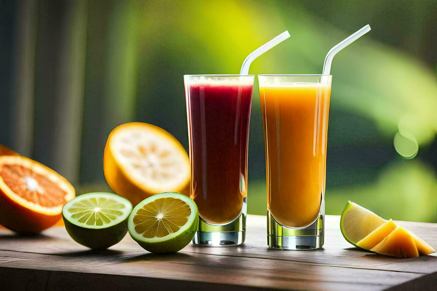 deux des lunettes de Orange jus et citron tranches. généré par ai photo