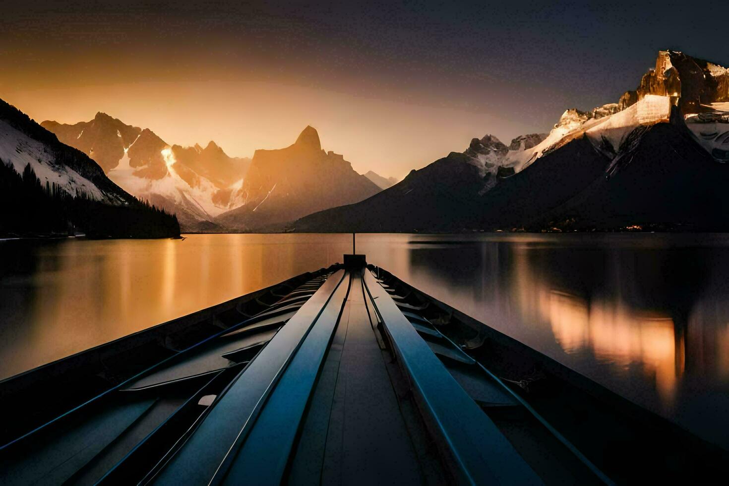 une bateau est amarré dans le milieu de une Lac à le coucher du soleil. généré par ai photo