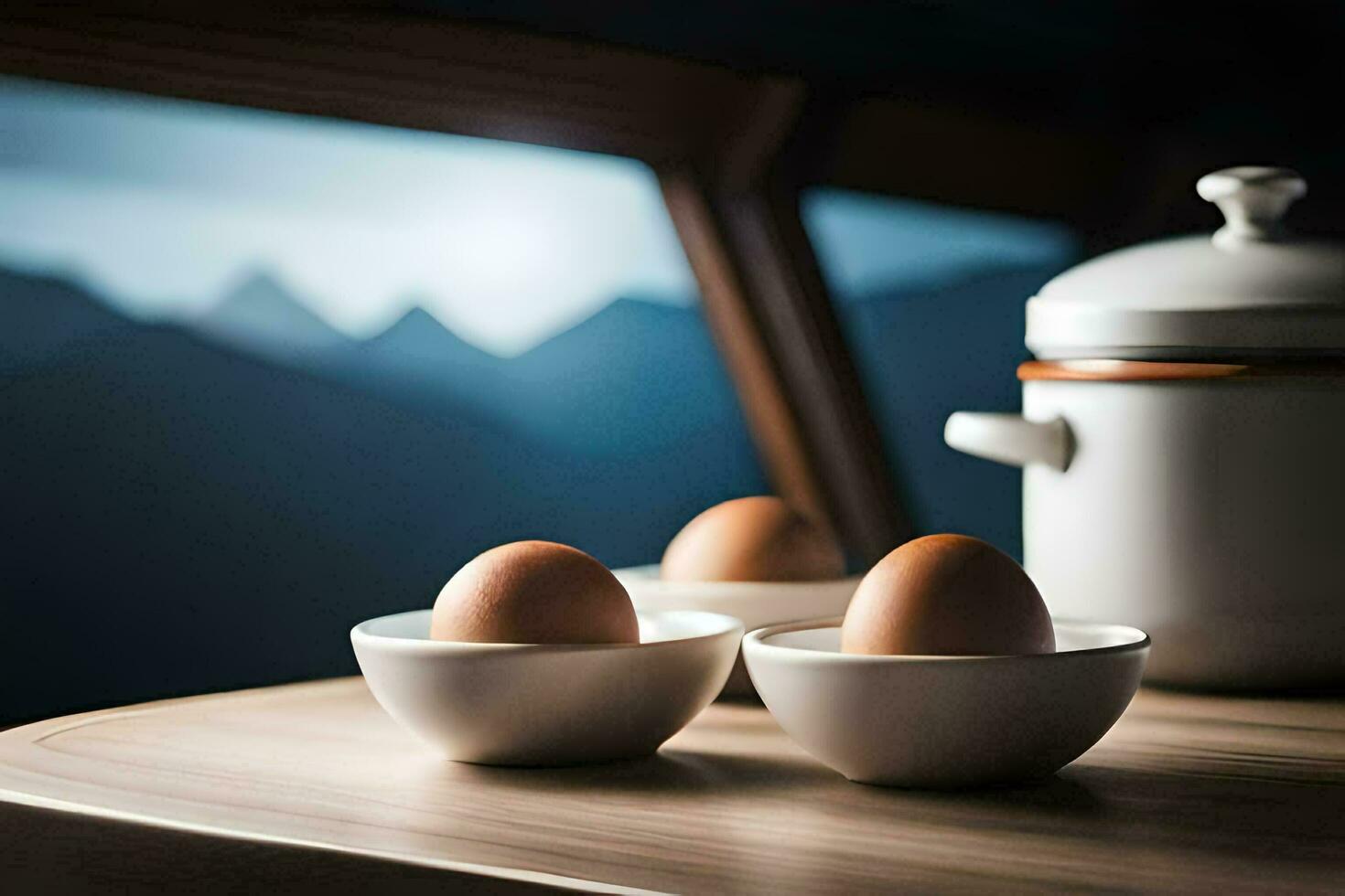 des œufs dans une bol sur une table avec montagnes dans le Contexte. généré par ai photo