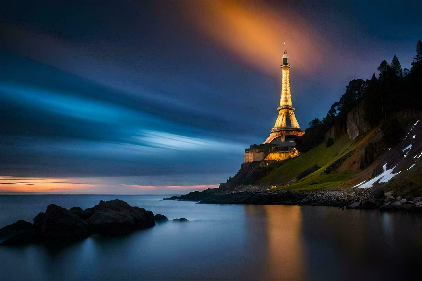 le Eiffel la tour à le coucher du soleil. généré par ai photo