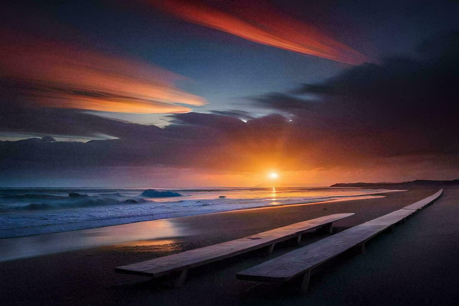 une le coucher du soleil plus de le océan avec en bois bancs. généré par ai photo