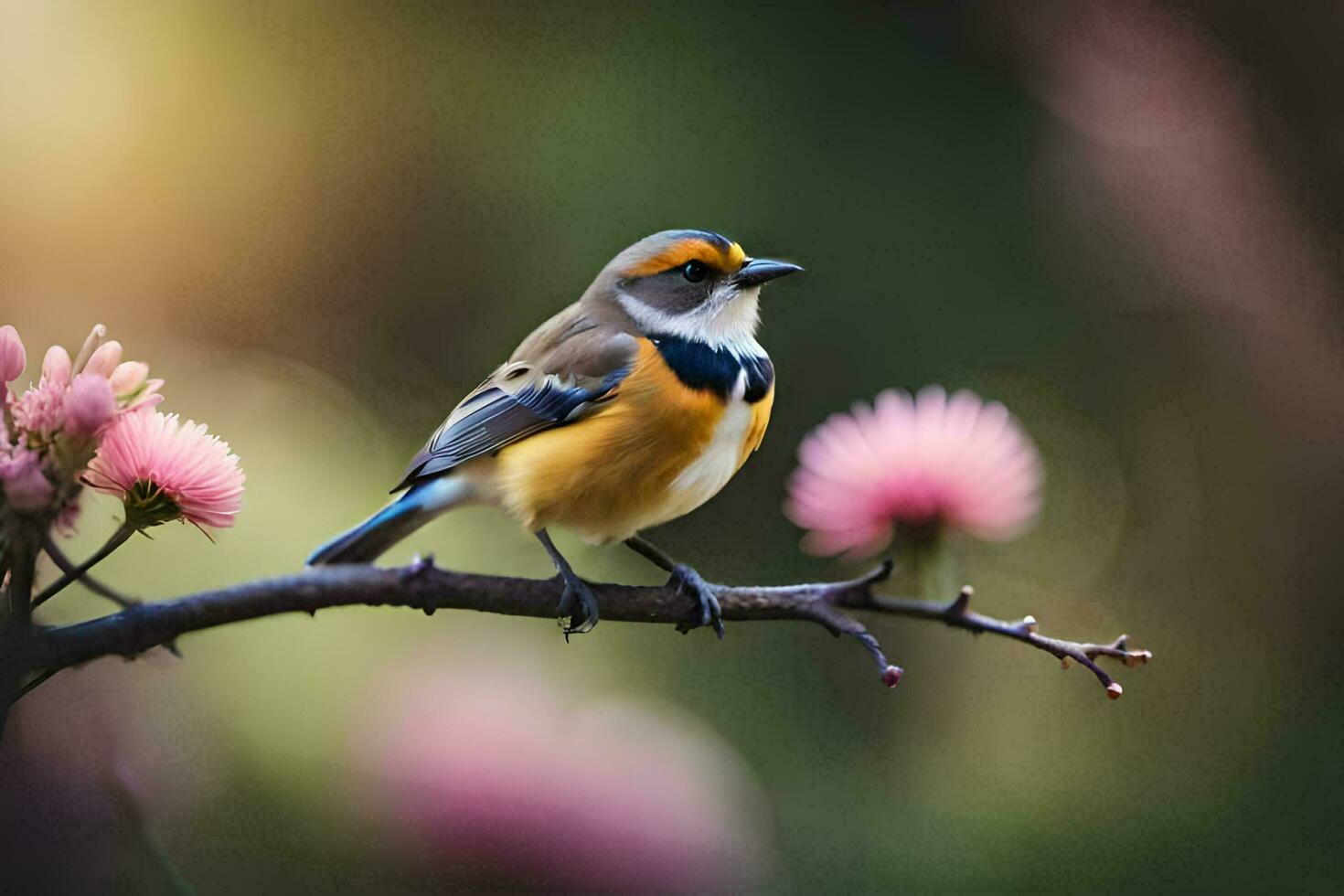 une petit oiseau est séance sur une branche avec rose fleurs. généré par ai photo