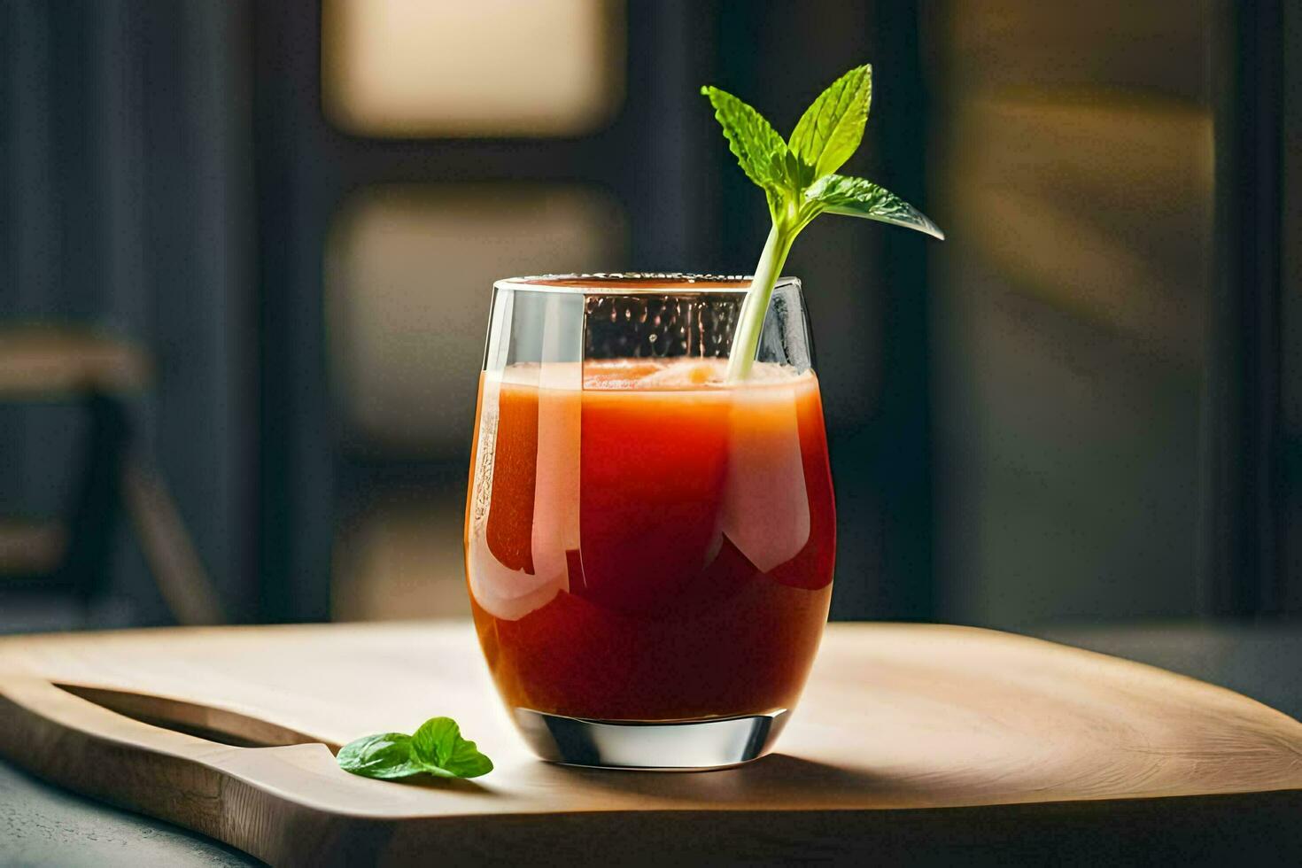 une verre de tomate jus avec une menthe feuille sur Haut. généré par ai photo