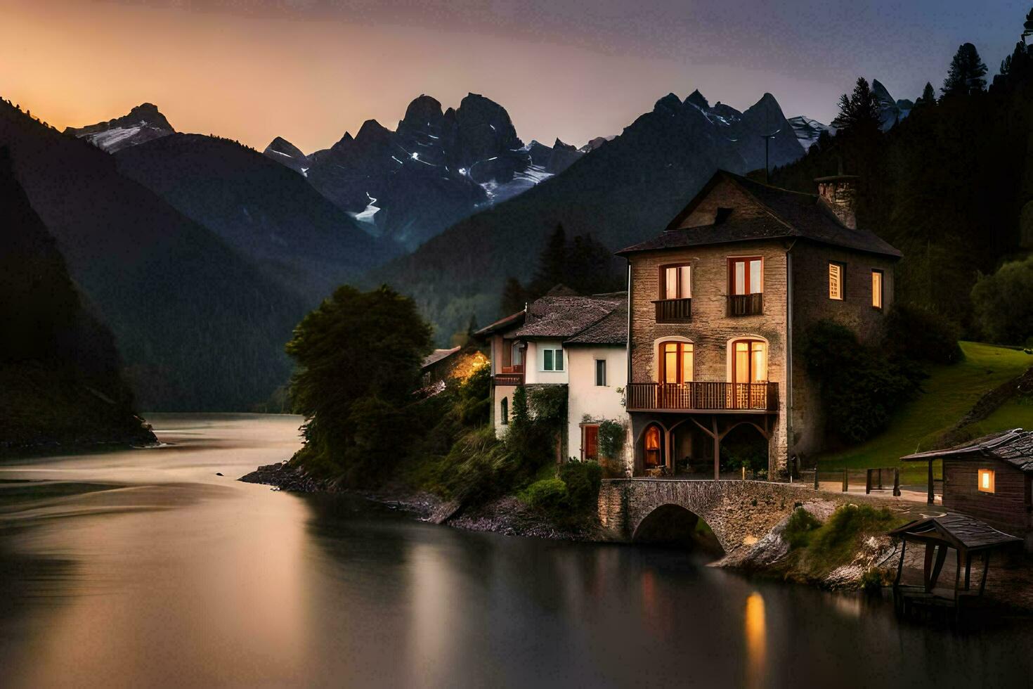 une maison est assis sur le côté de une rivière à le coucher du soleil. généré par ai photo