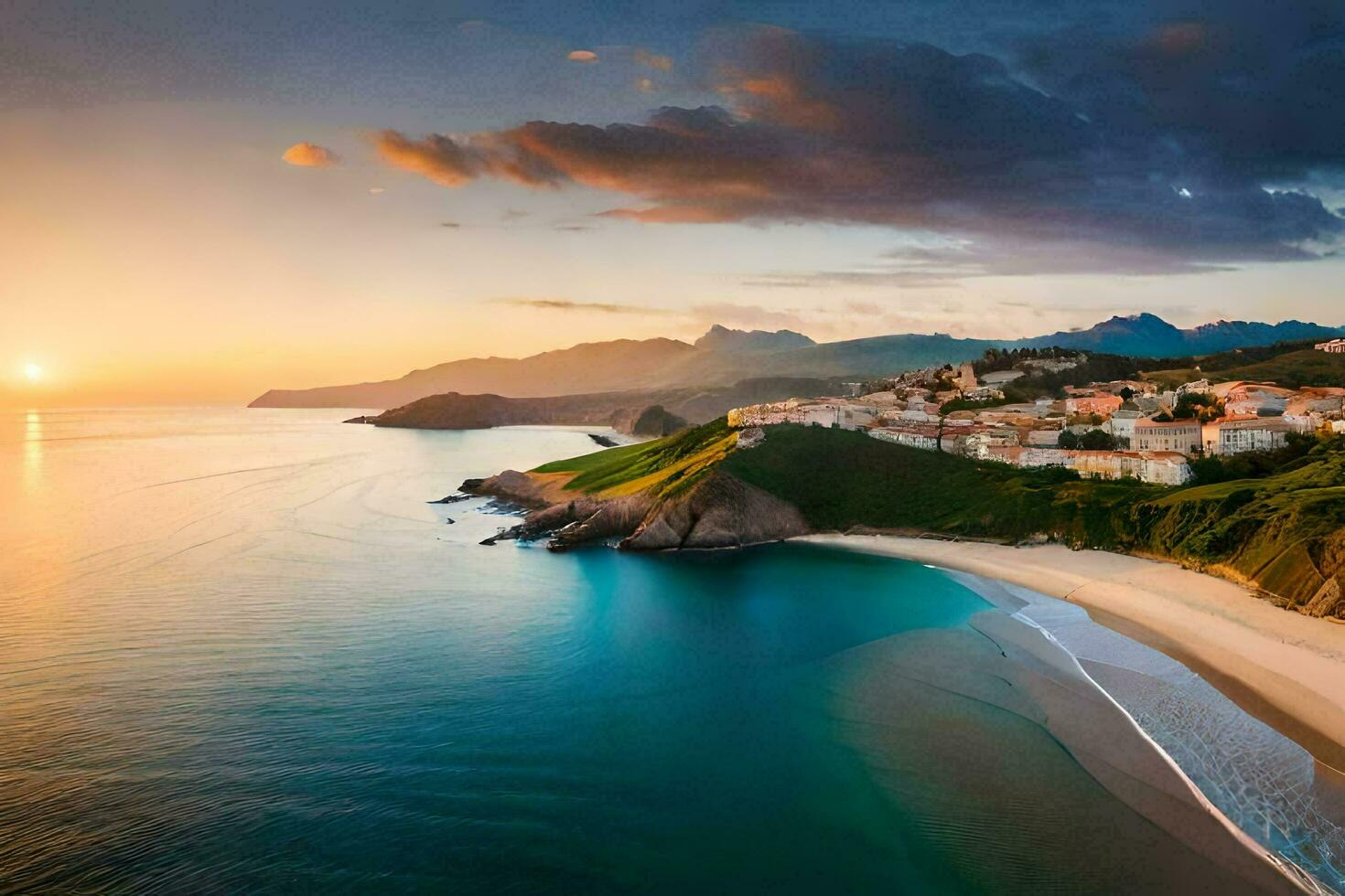 le Soleil ensembles plus de une plage et montagnes. généré par ai photo