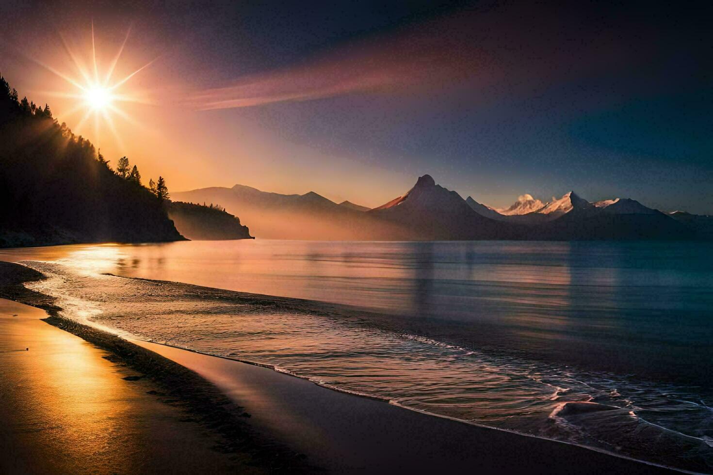 le Soleil brille plus de une Montagne intervalle et une plage. généré par ai photo