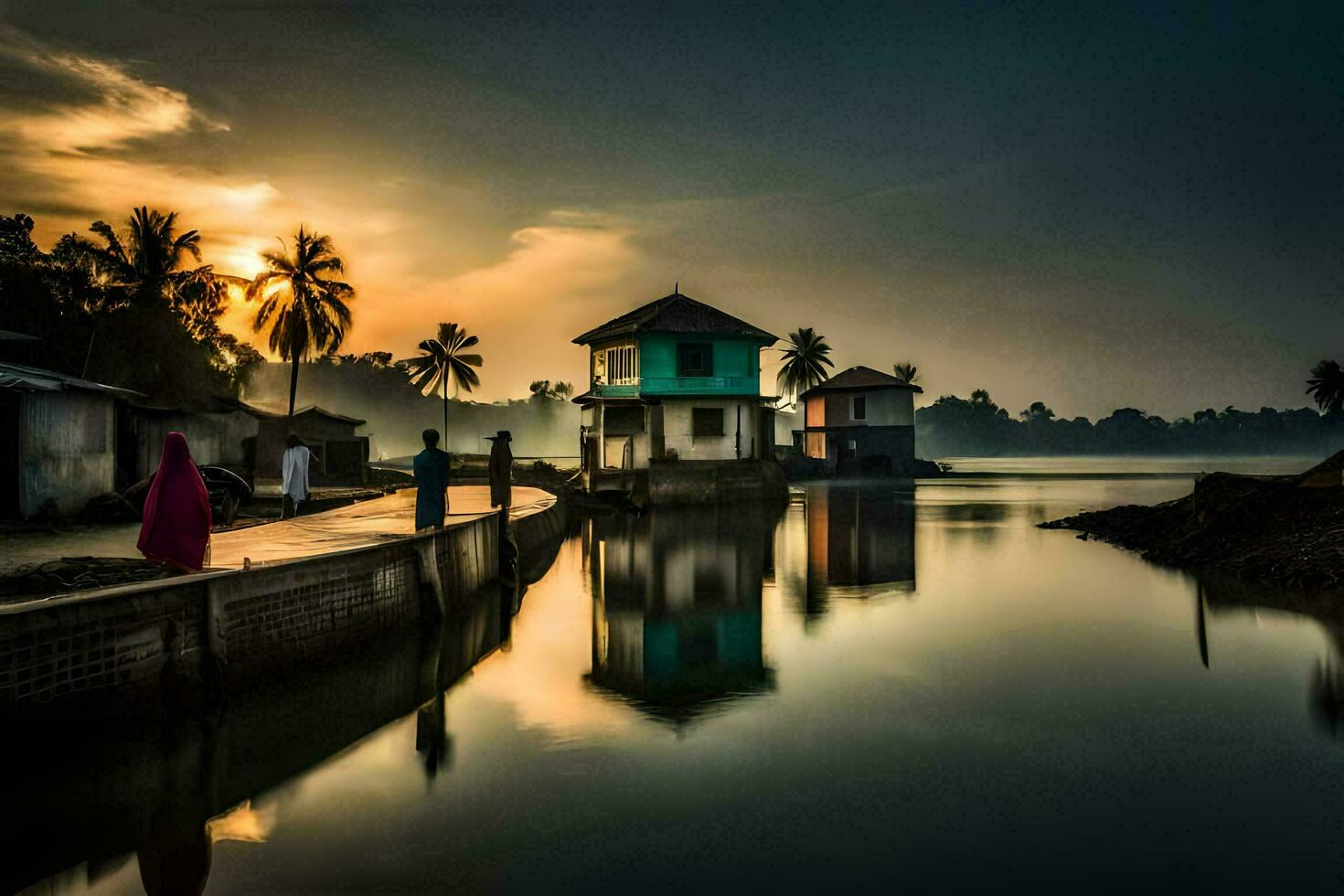 une maison sur le l'eau à le coucher du soleil. généré par ai photo