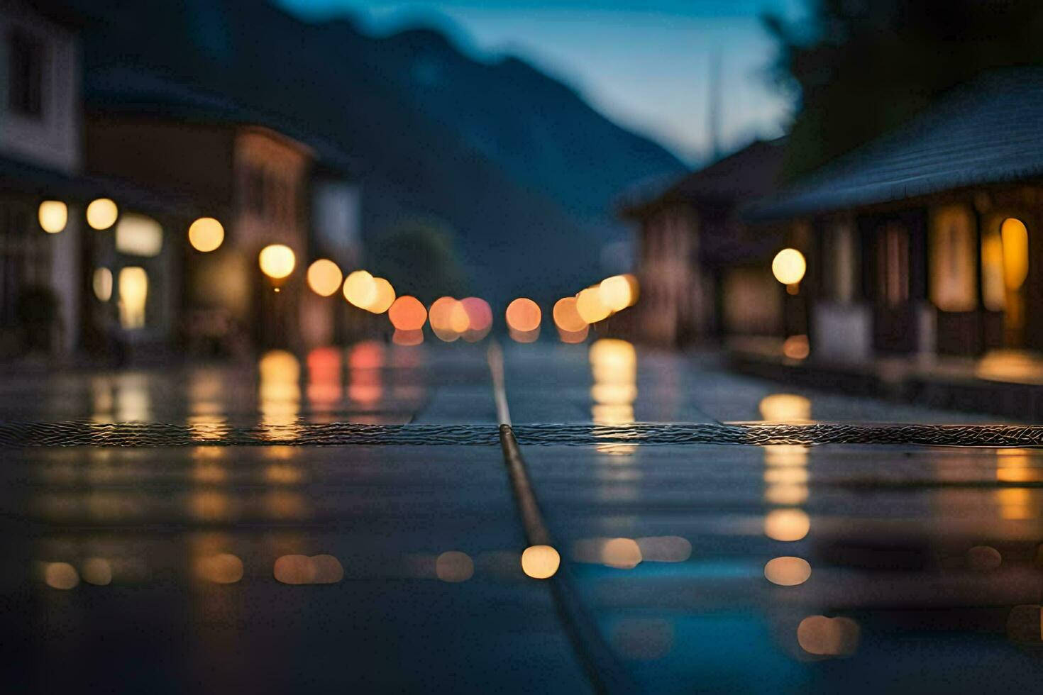 une rue à nuit avec lumières sur le rue. généré par ai photo