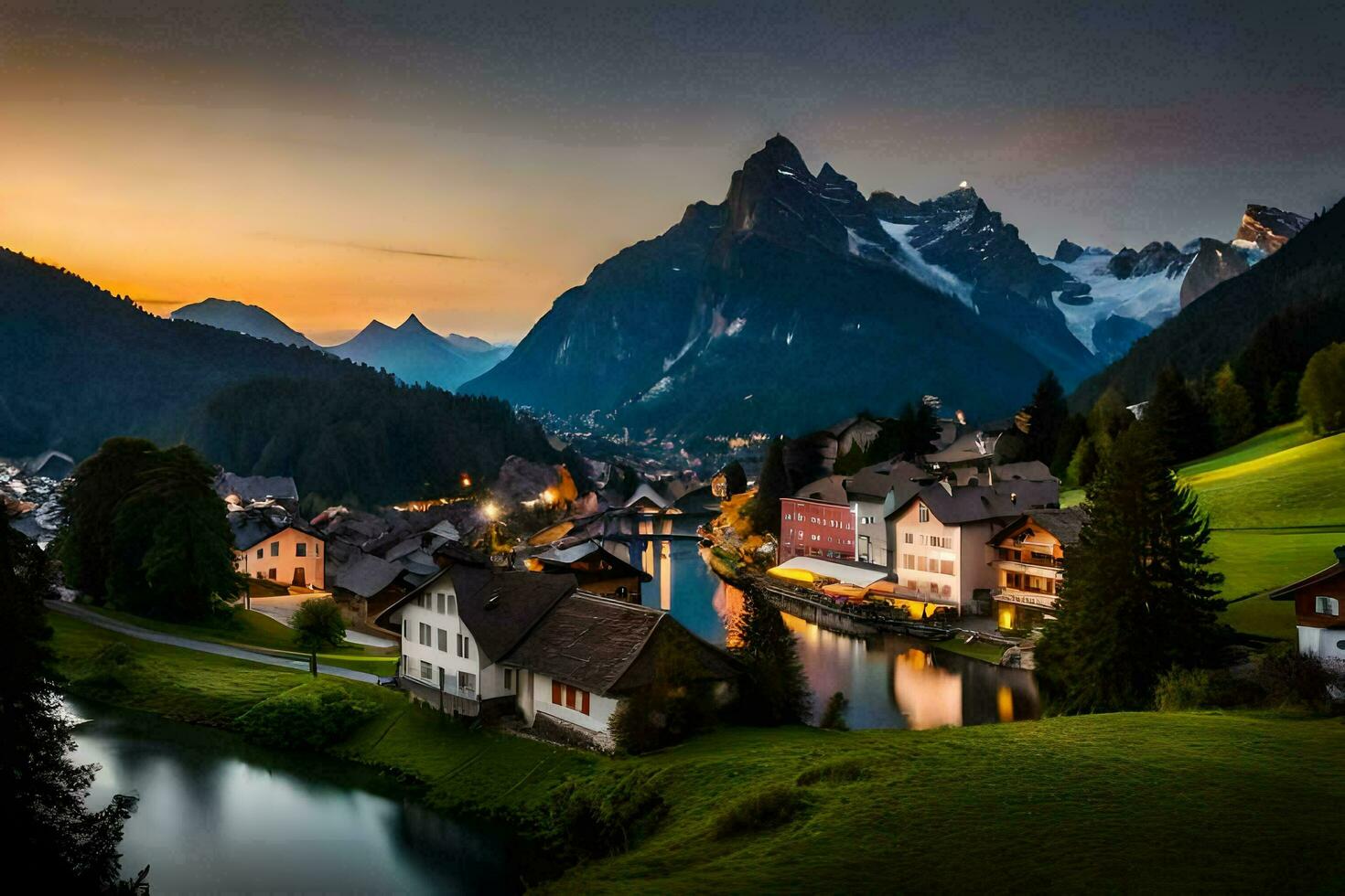 photo fond d'écran le ciel, montagnes, eau, montagnes, rivière, village, coucher de soleil, Suisse. généré par ai