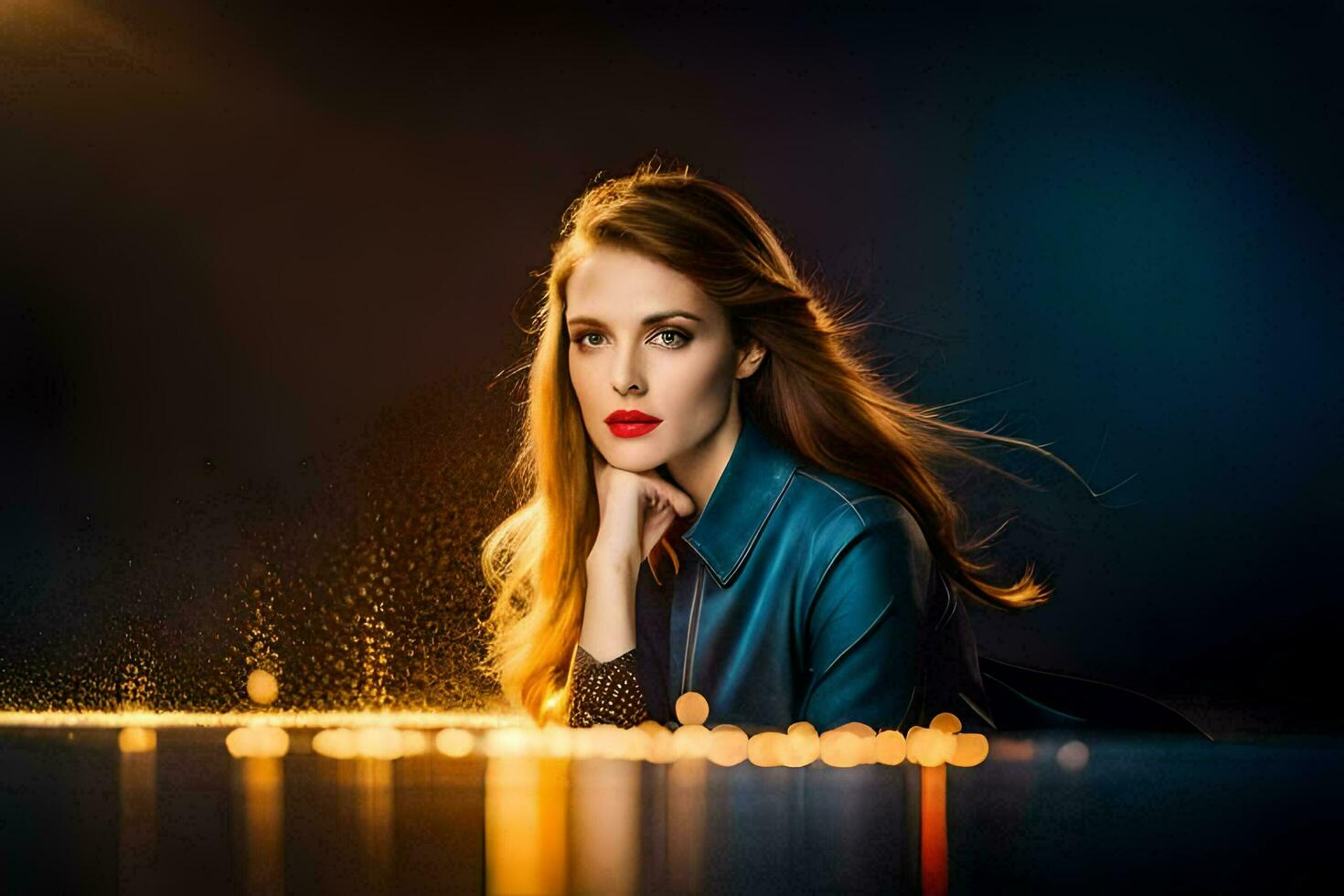 une magnifique femme dans une bleu veste pose sur le sol. généré par ai photo