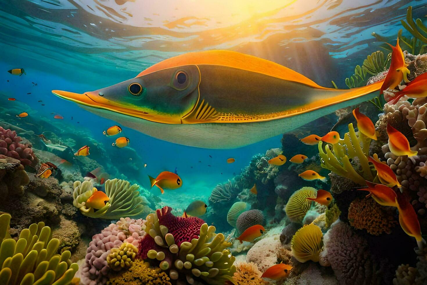 une coloré poisson nage plus de une corail récif. généré par ai photo