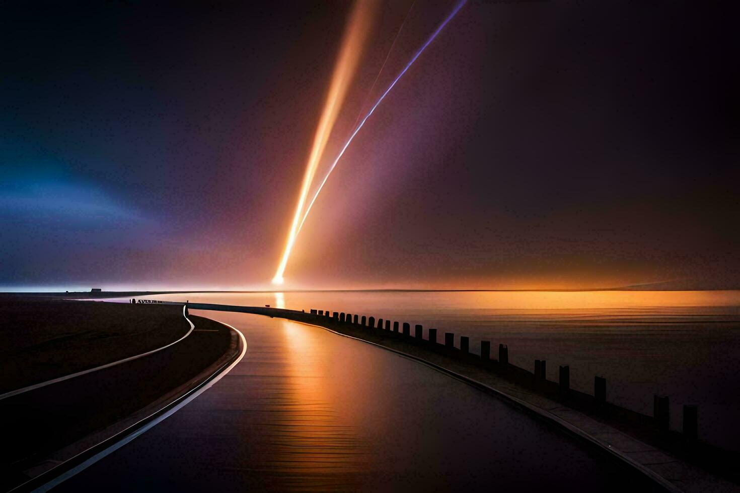 une longue exposition photographier de une fusée lancement dans le ciel. généré par ai photo