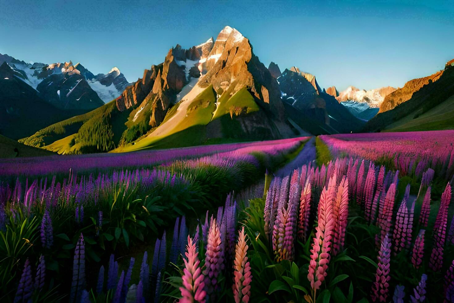 le lupin champ dans le montagnes. généré par ai photo