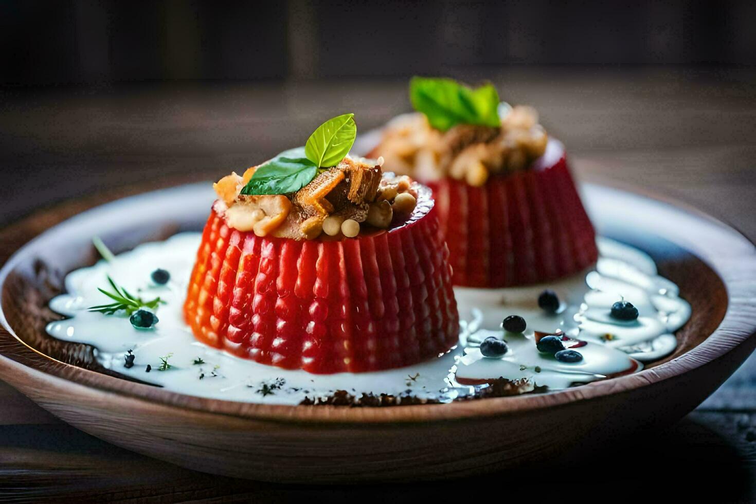 deux des fraises sont servi sur une assiette avec crème. généré par ai photo