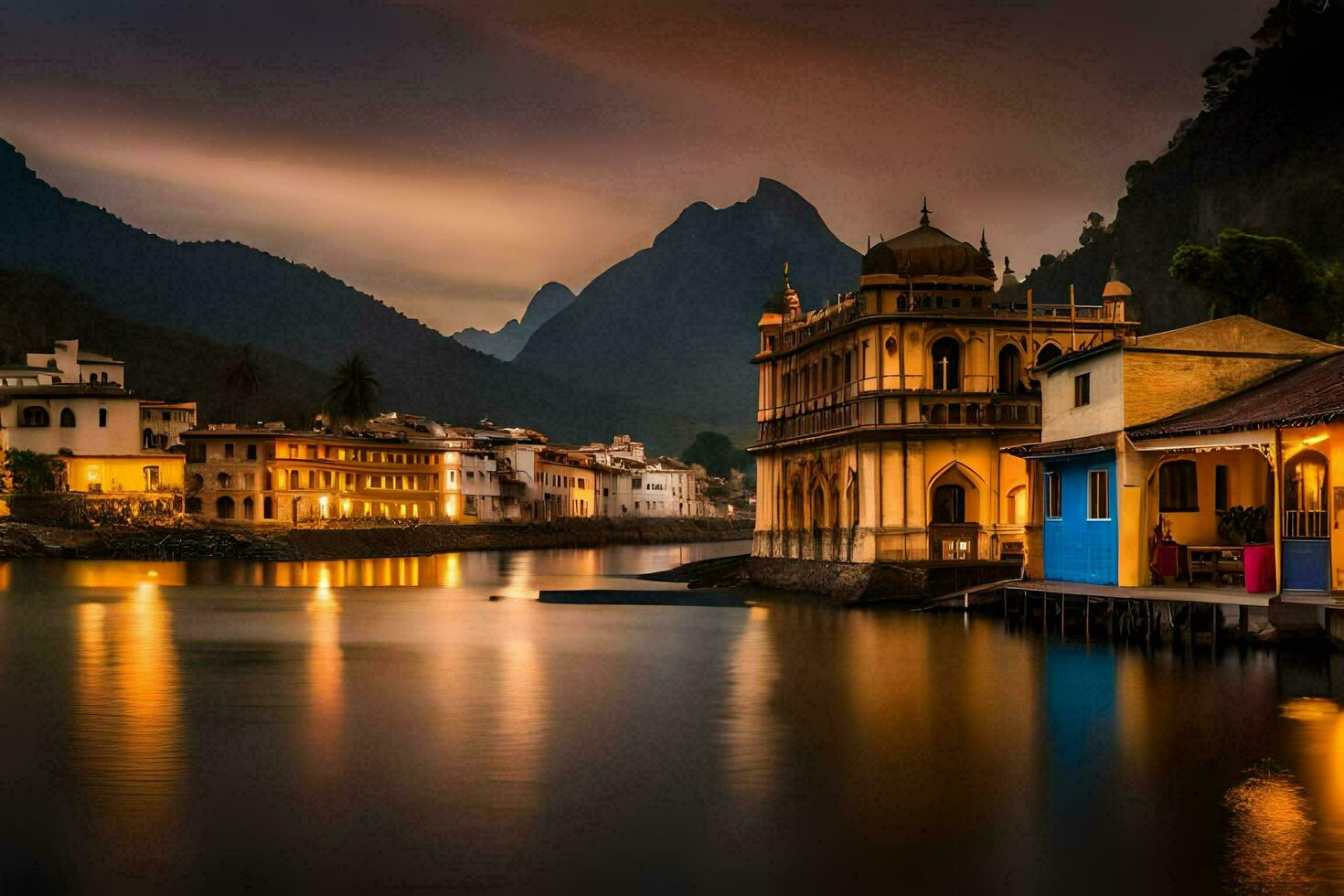 une magnifique le coucher du soleil plus de une Lac avec bâtiments et montagnes dans le Contexte. généré par ai photo