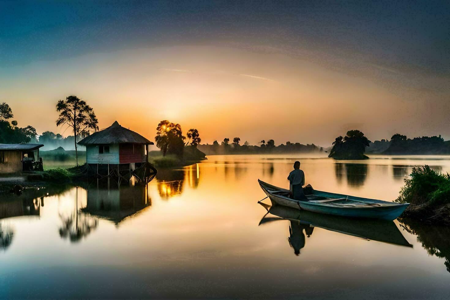 une homme dans une bateau sur le rivière à le coucher du soleil. généré par ai photo