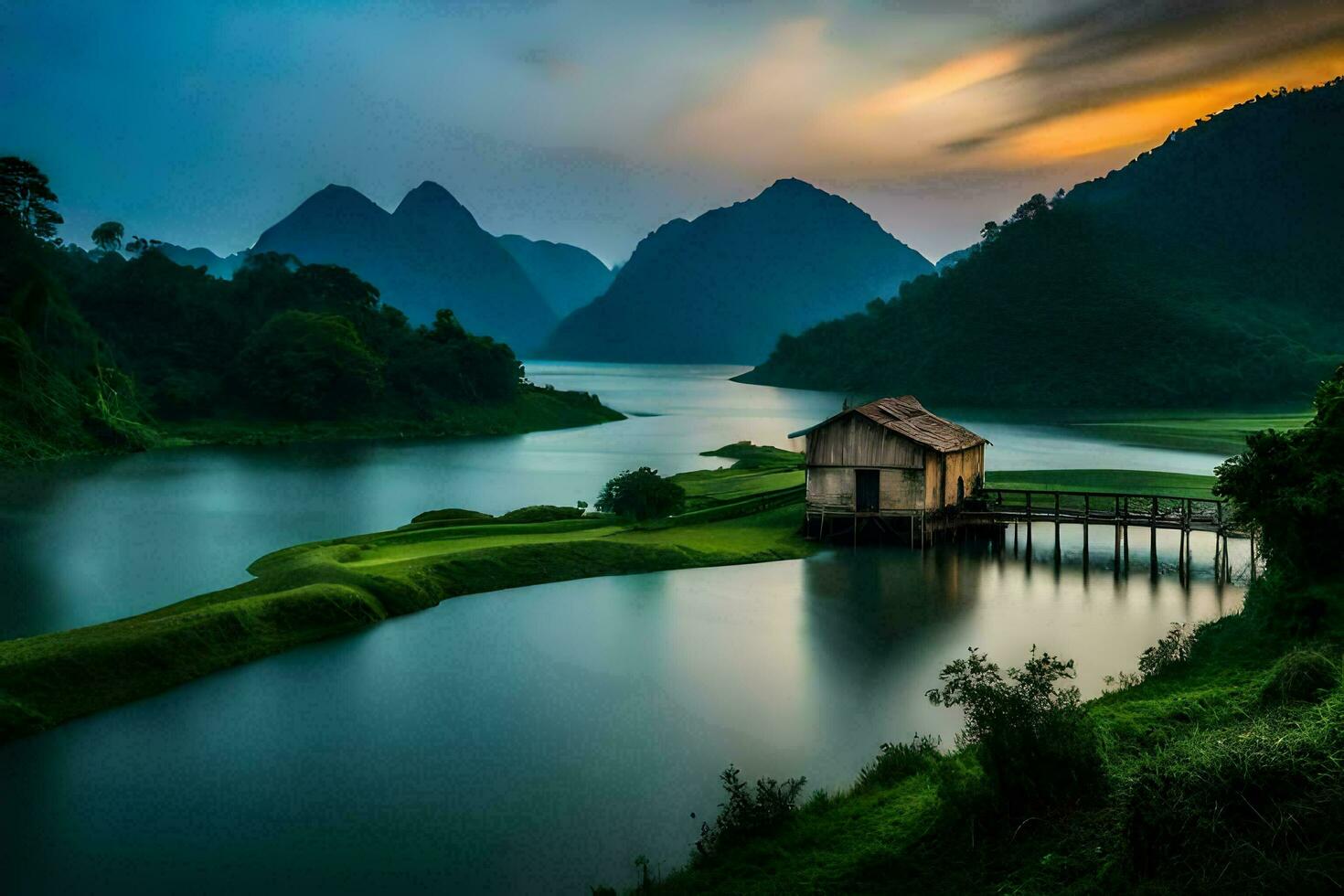 le maison dans le milieu de le lac. généré par ai photo