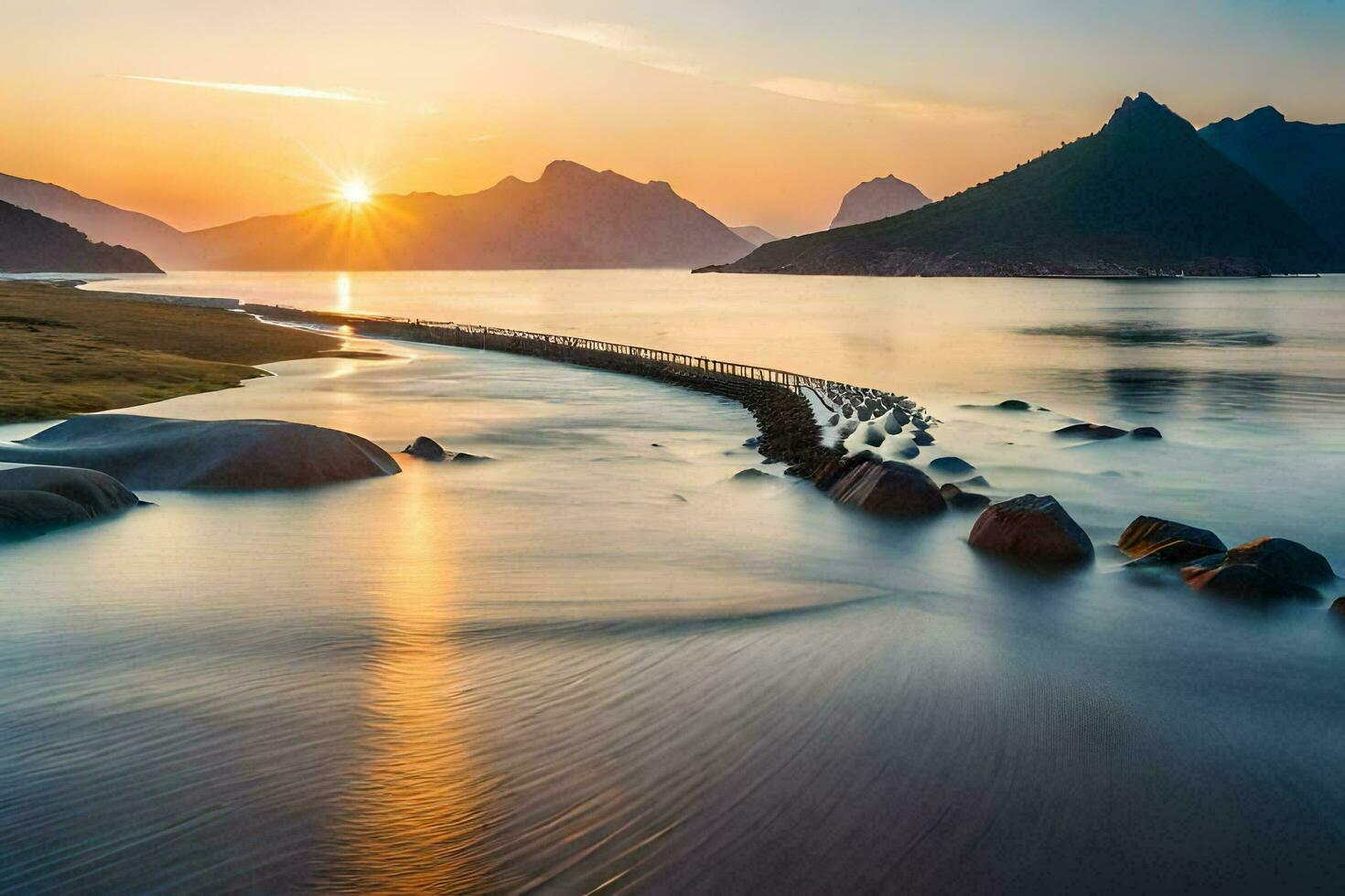 le Soleil monte plus de le l'eau et montagnes. généré par ai photo