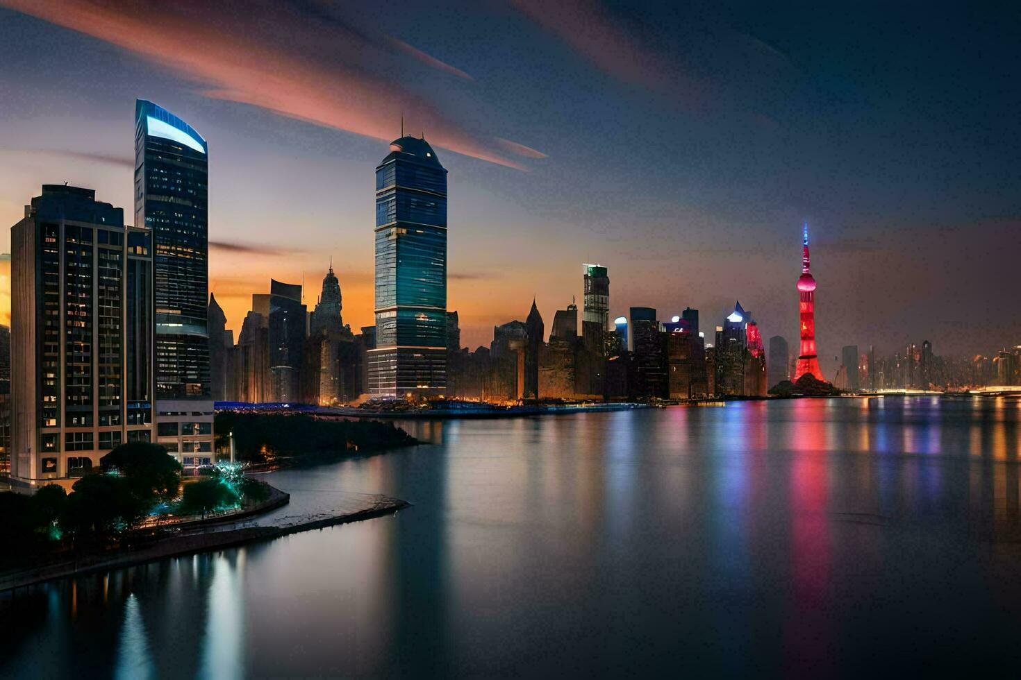 le ville horizon à nuit dans shanghaï. généré par ai photo