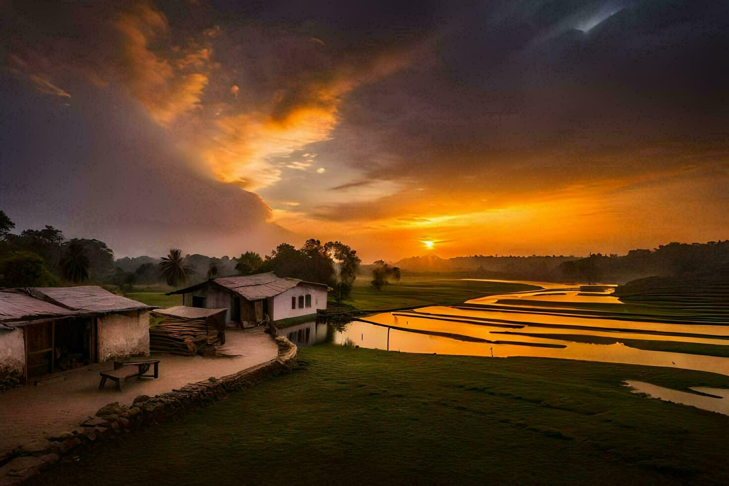 le Soleil ensembles plus de une riz champ et une maison. généré par ai photo