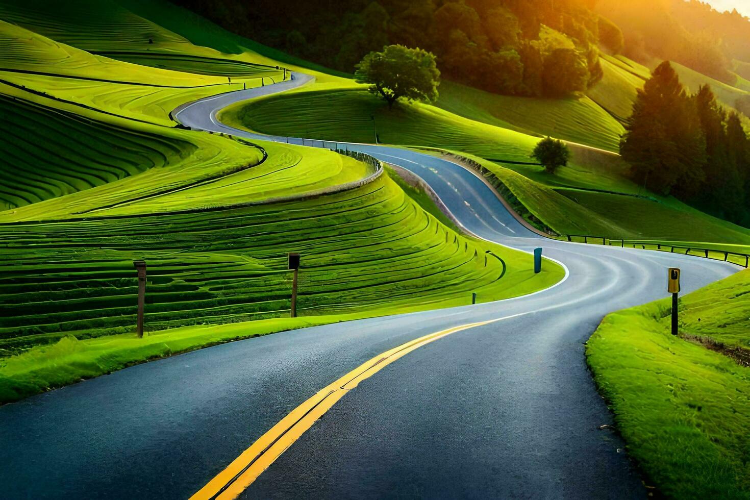 une enroulement route dans le montagnes avec vert herbe. généré par ai photo