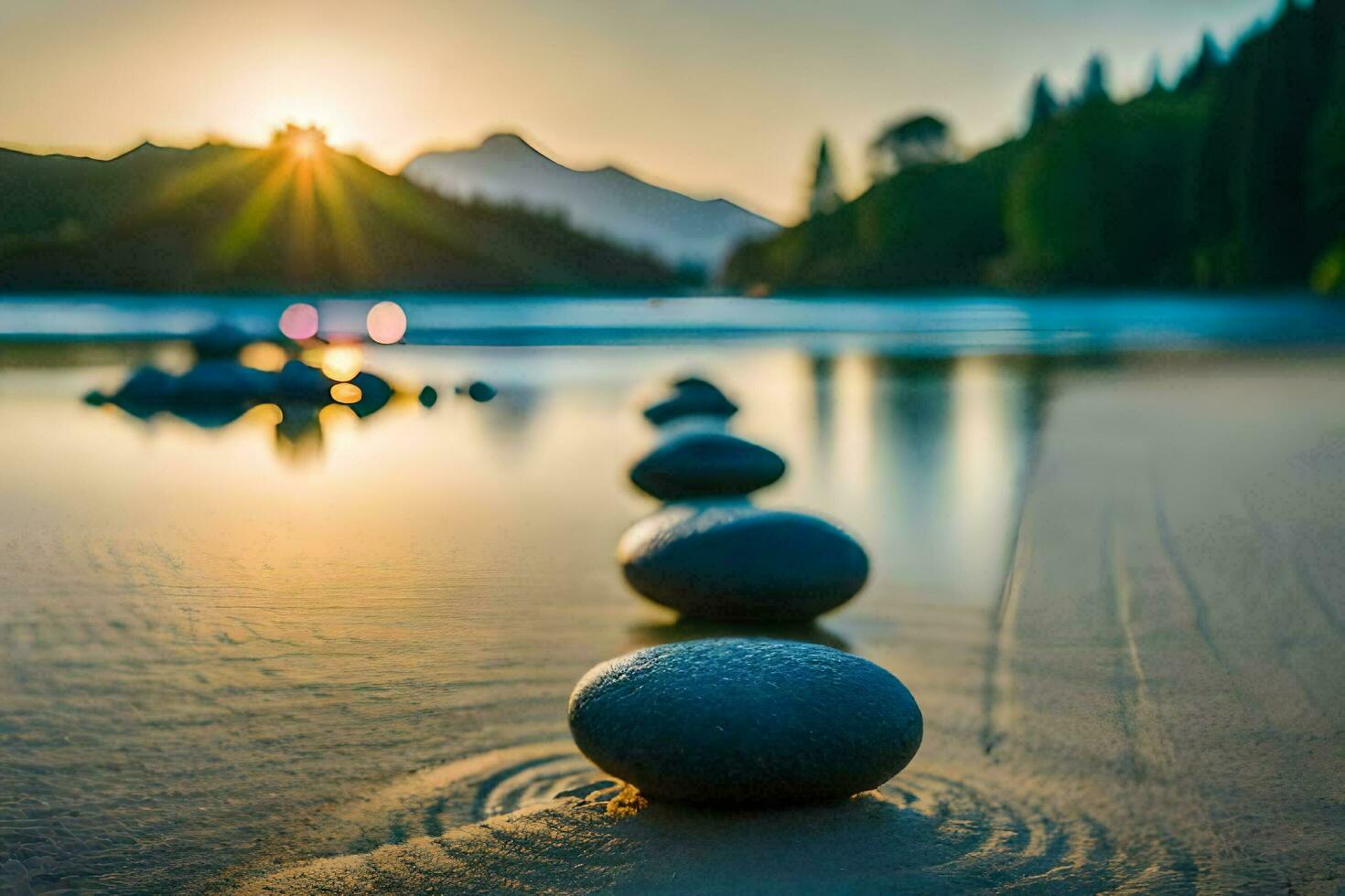 rochers sur le plage à le coucher du soleil avec le Soleil dans le Contexte. généré par ai photo