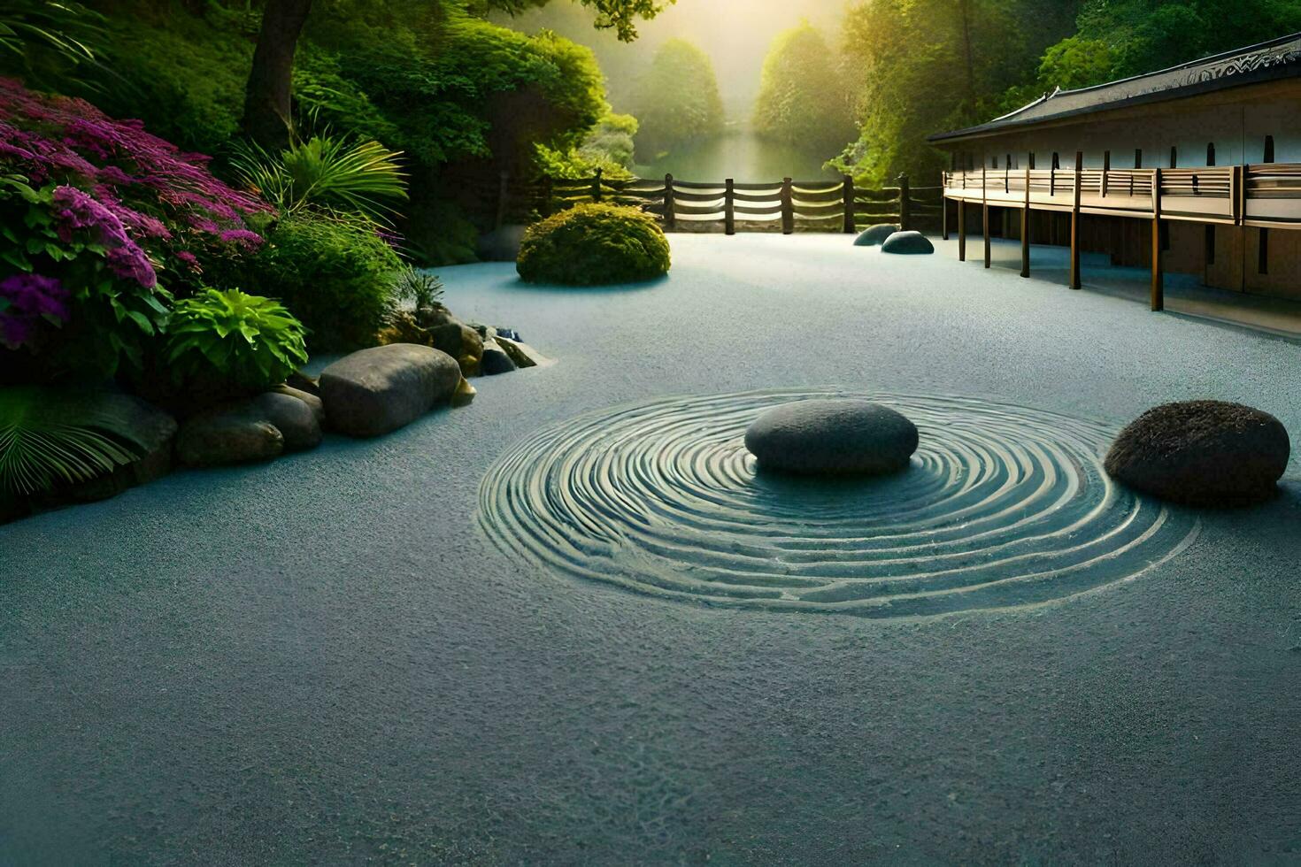 une Japonais jardin avec rochers et l'eau. généré par ai photo