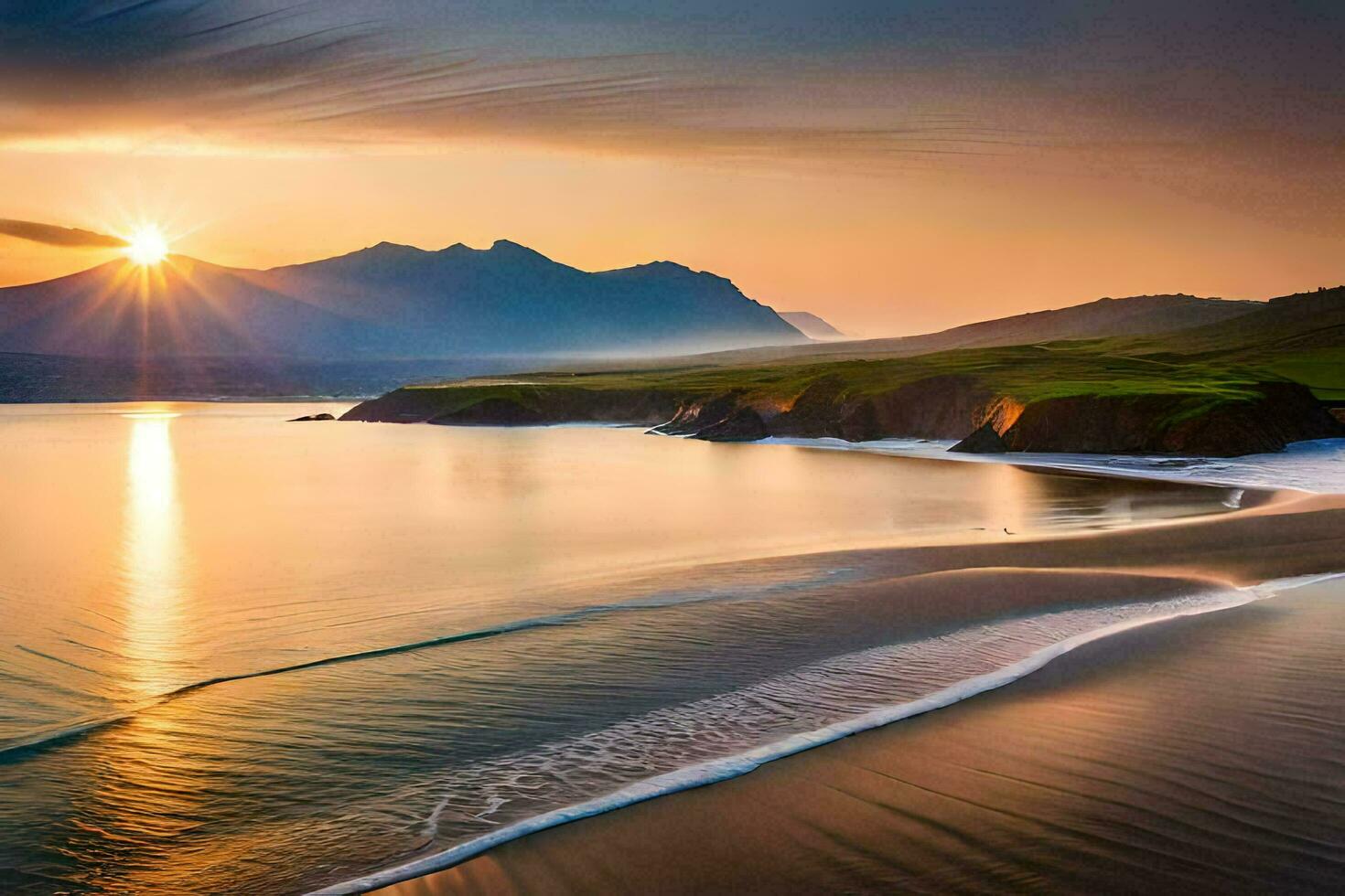 le coucher du soleil plus de le océan et montagnes. généré par ai photo