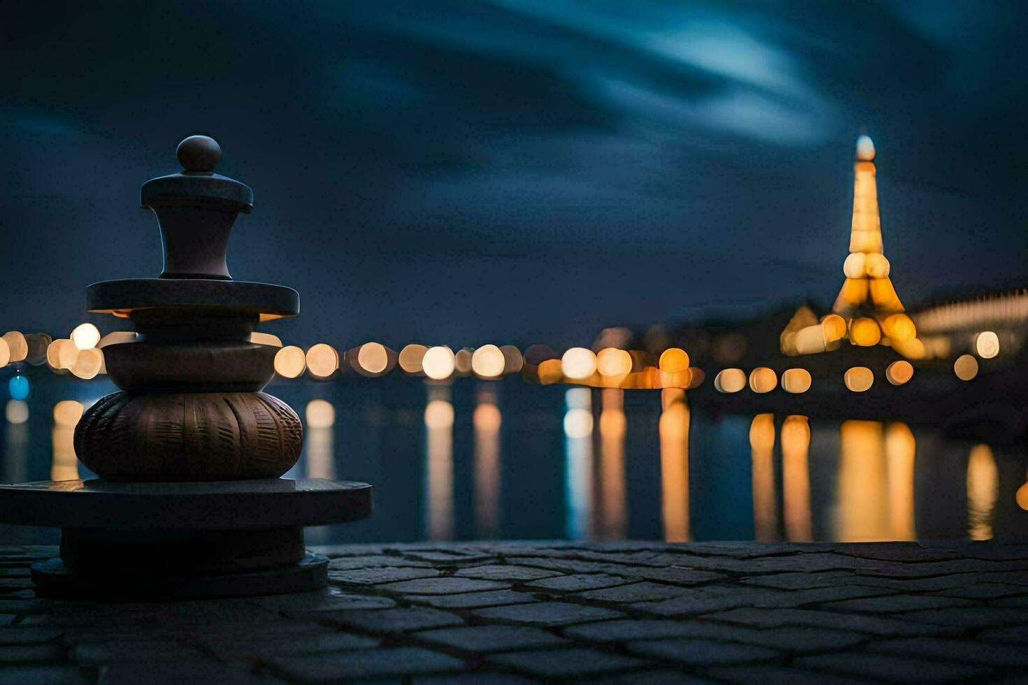 une échecs pièce est assis sur le sol dans de face de le Eiffel la tour. généré par ai photo