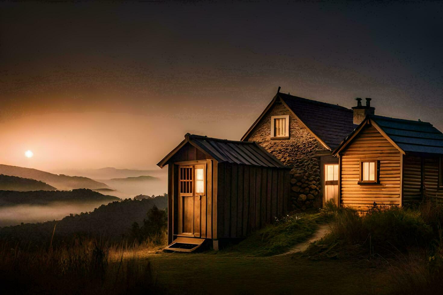 une petit cabine est assis sur Haut de une colline à le coucher du soleil. généré par ai photo