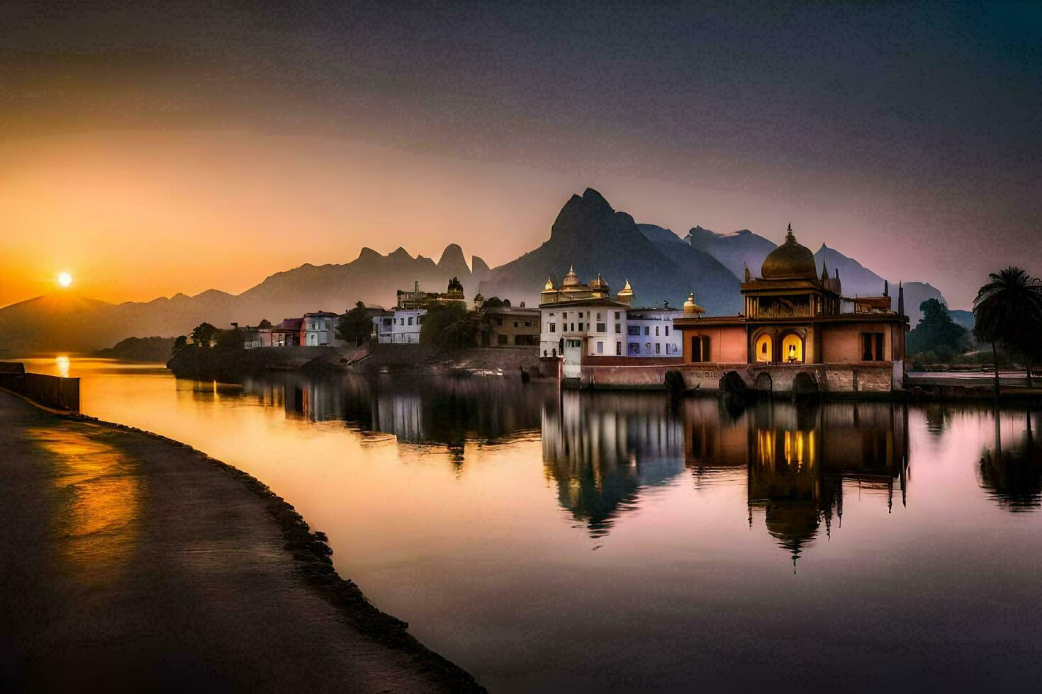 le Soleil monte plus de une Lac et une temple. généré par ai photo