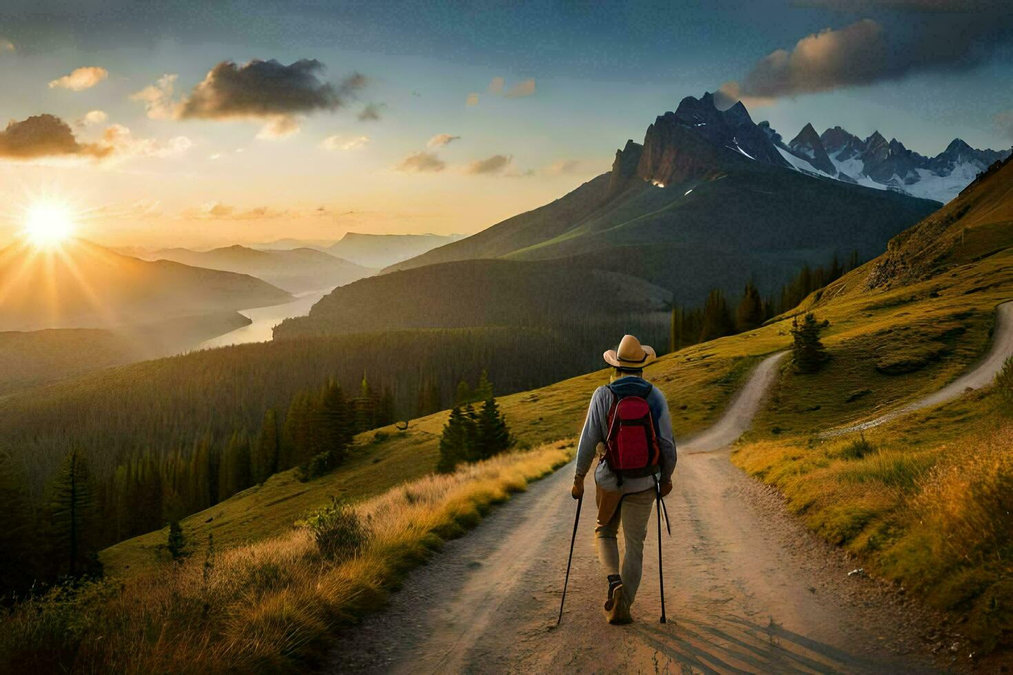 une homme avec une sac à dos et béquilles des promenades vers le bas une saleté route dans le montagnes. généré par ai photo