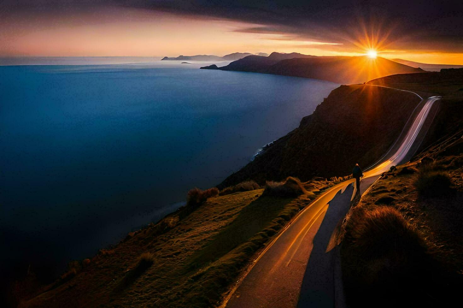 une homme en marchant vers le bas une route à le coucher du soleil. généré par ai photo