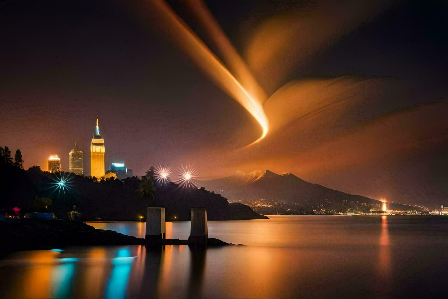 une longue exposition photographier de une volcan dans le nuit ciel. généré par ai photo