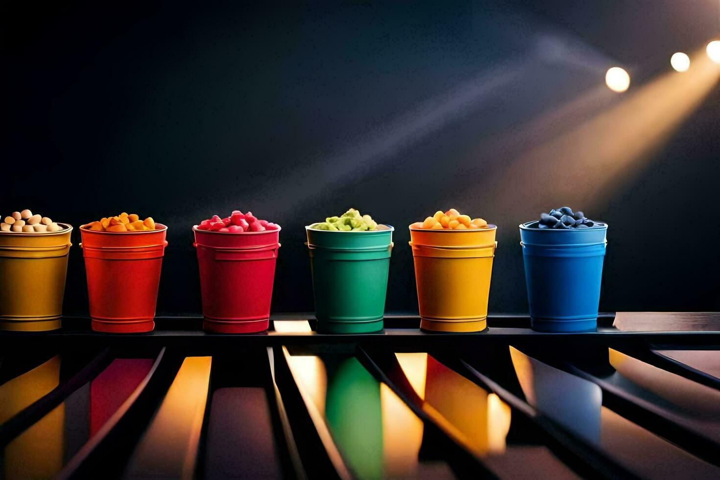 une rangée de coloré tasses sur une piano. généré par ai photo