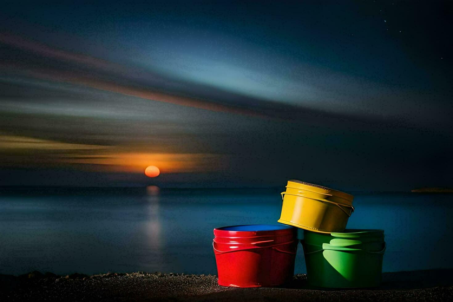 Trois seaux asseoir sur le plage à nuit. généré par ai photo