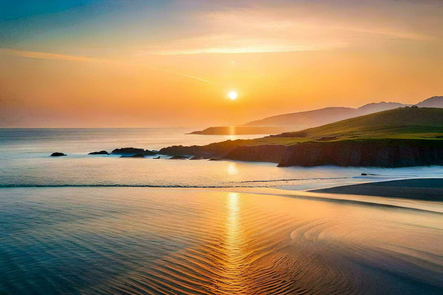 le coucher du soleil plus de le océan et collines. généré par ai photo