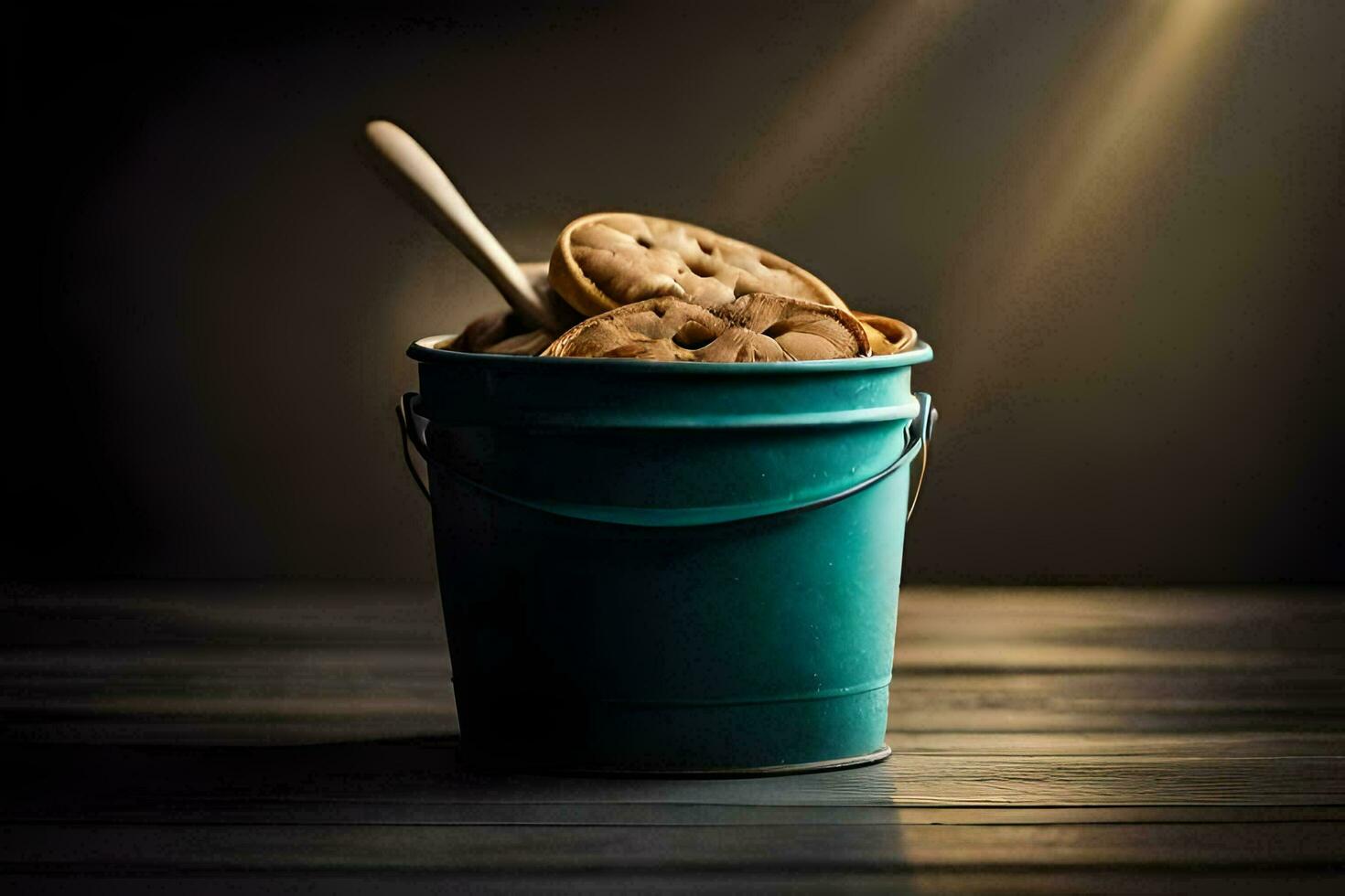 une seau rempli avec biscuits et une en bois cuillère. généré par ai photo