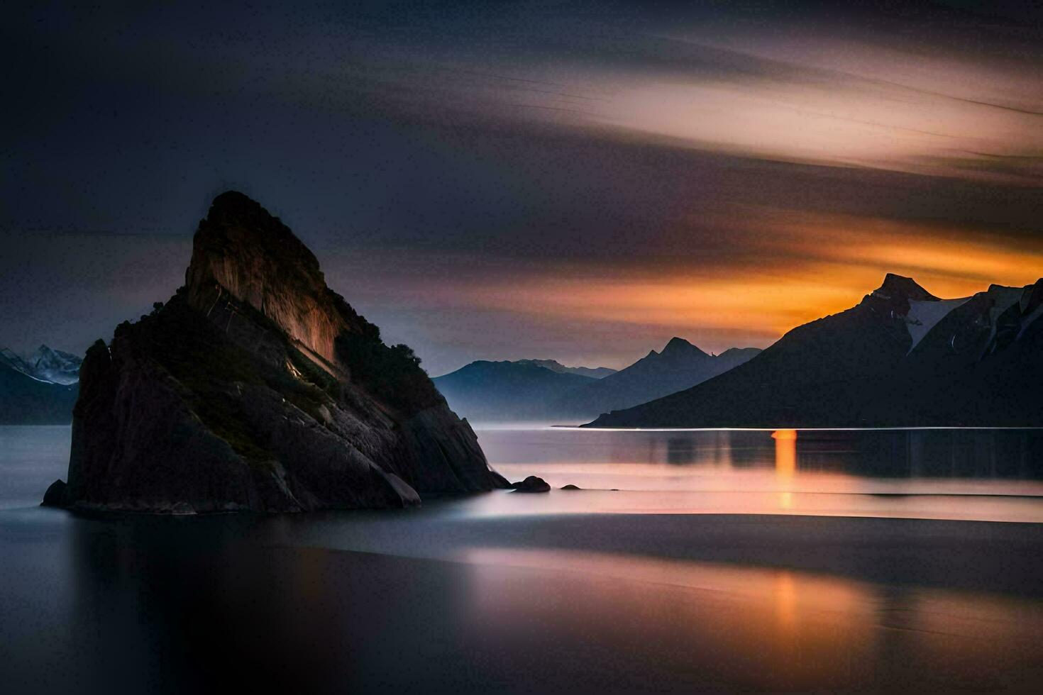 une Roche dans le milieu de une Lac à le coucher du soleil. généré par ai photo