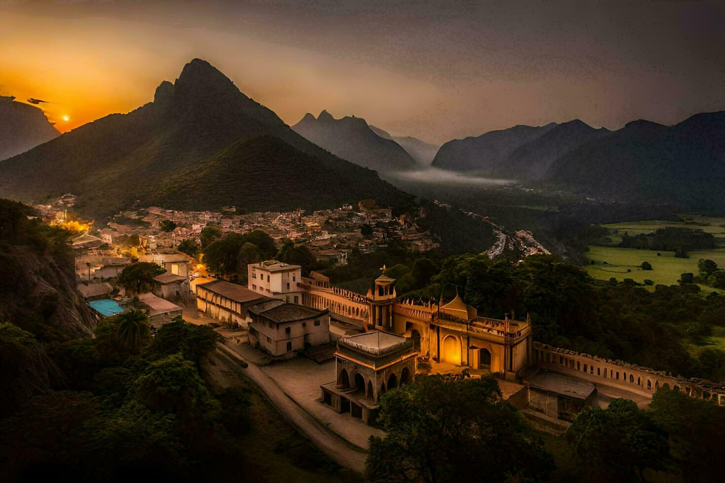 le Soleil ensembles plus de une village dans Italie. généré par ai photo